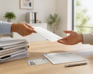 Deux mains échangent un document administratif sur un bureau en bois posé près de papiers et d'une pièce d'identité, dans une pièce baignée de lumière naturelle.