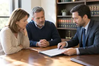 Notary explaining a legal document to a couple in a sunlit, reassuring lawyer's office.