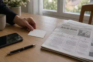 Main déposant une carte à côté d’un journal ouvert à la rubrique décès sur une table en bois, avec lumière douce et ambiance calme.