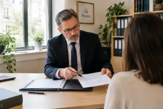 Un notaire en costume explique un document à un adulte dans un bureau lumineux, les documents posés sur un grand bureau en bois.