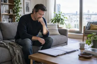 Un homme pensif assis seul sur un canapé dans un salon moderne et lumineux, avec des papiers devant lui sur la table basse