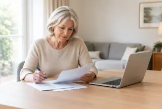 Femme retraitée examinant un dossier administratif et un ordinateur chez elle pour préparer une demande de pension de réversion.