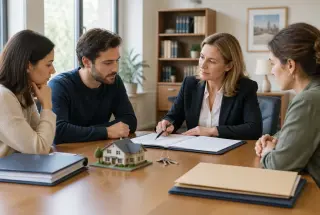 Trois héritiers examinent avec un notaire des documents de succession autour d’une table, avec des clés et une maquette de maison.