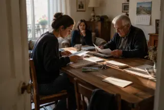 Family members quietly organizing inheritance documents at a dining table in a softly lit apartment.