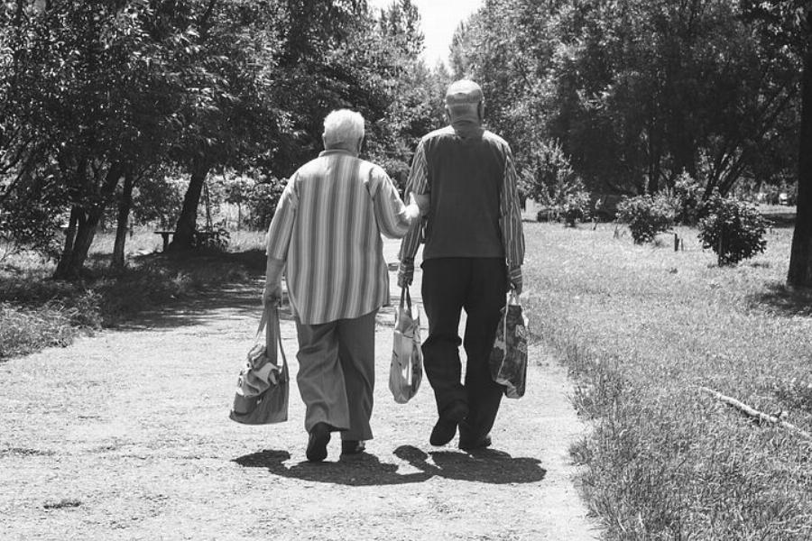 retraités marchant de dos dans la campagne